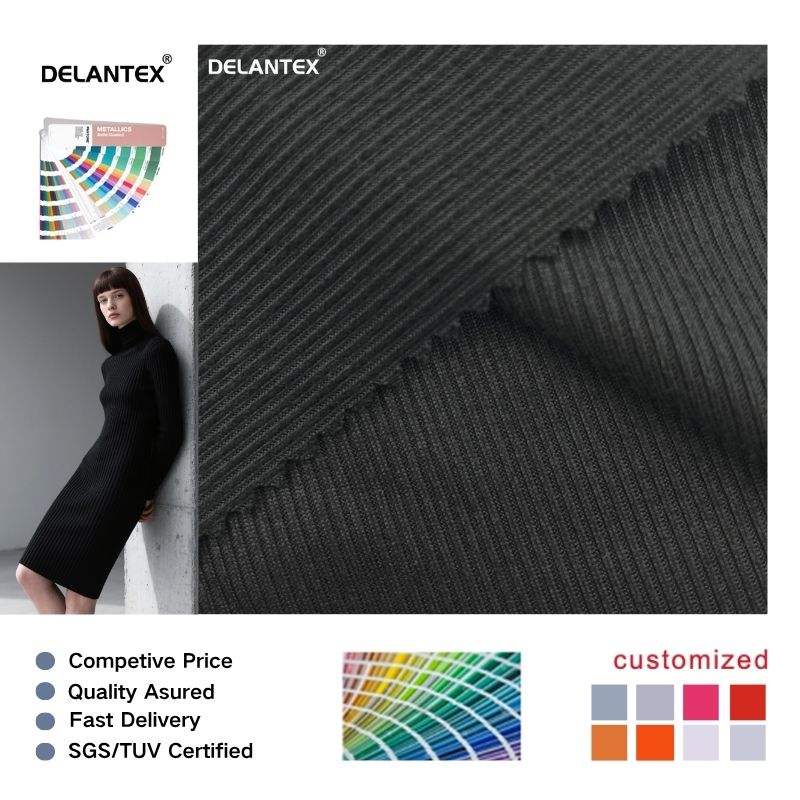 Delantex High Elastic Soft Black DTY+SP Thread Rib Jersey Fabric for Sexy Dress and T-shirt Free Sample