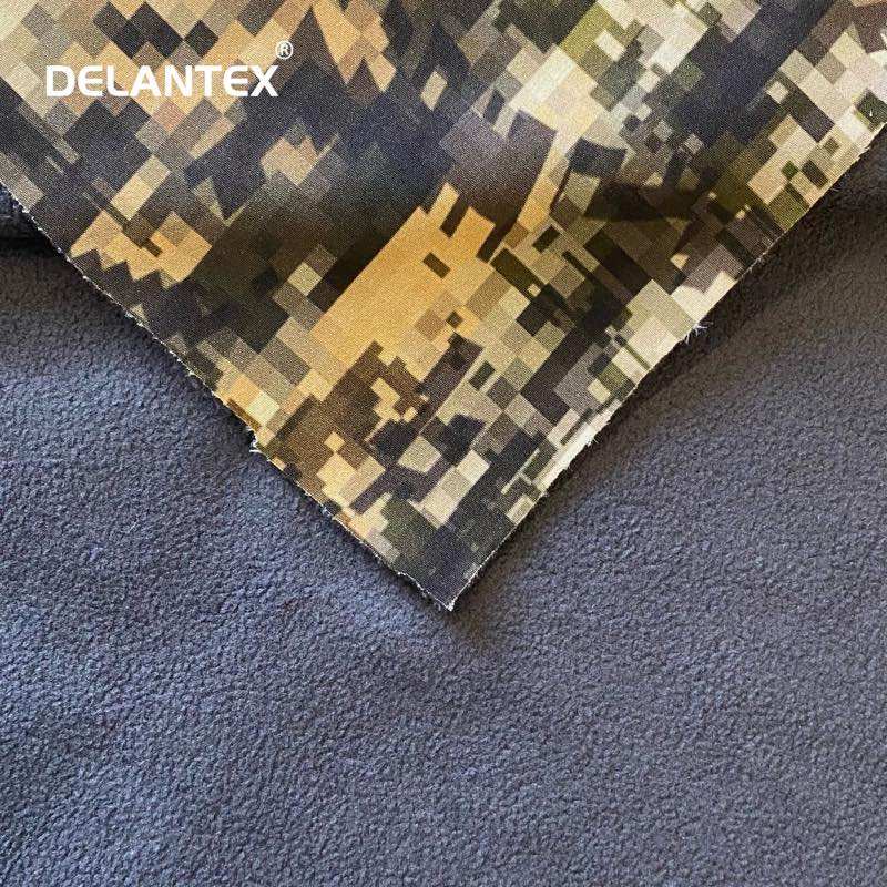 Delantex Diablos Camouflaje Soft Shell Fleece Fabric Water Proof Digital Printed 4 Way Stretch Bonded With Polar Fleece Material