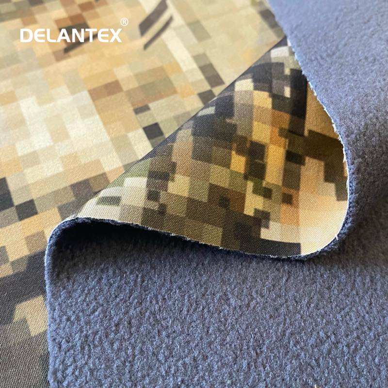 Delantex Diablos Camouflaje Soft Shell Fleece Fabric Water Proof Digital Printed 4 Way Stretch Bonded With Polar Fleece Material
