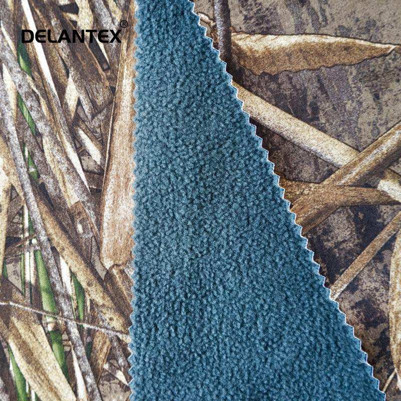 Delantex 100d Woven Softshell Fabric Four Way Stretch Print Bonded Polar Fleece for Outdoor Clothes Garments 320gsm Free Sample