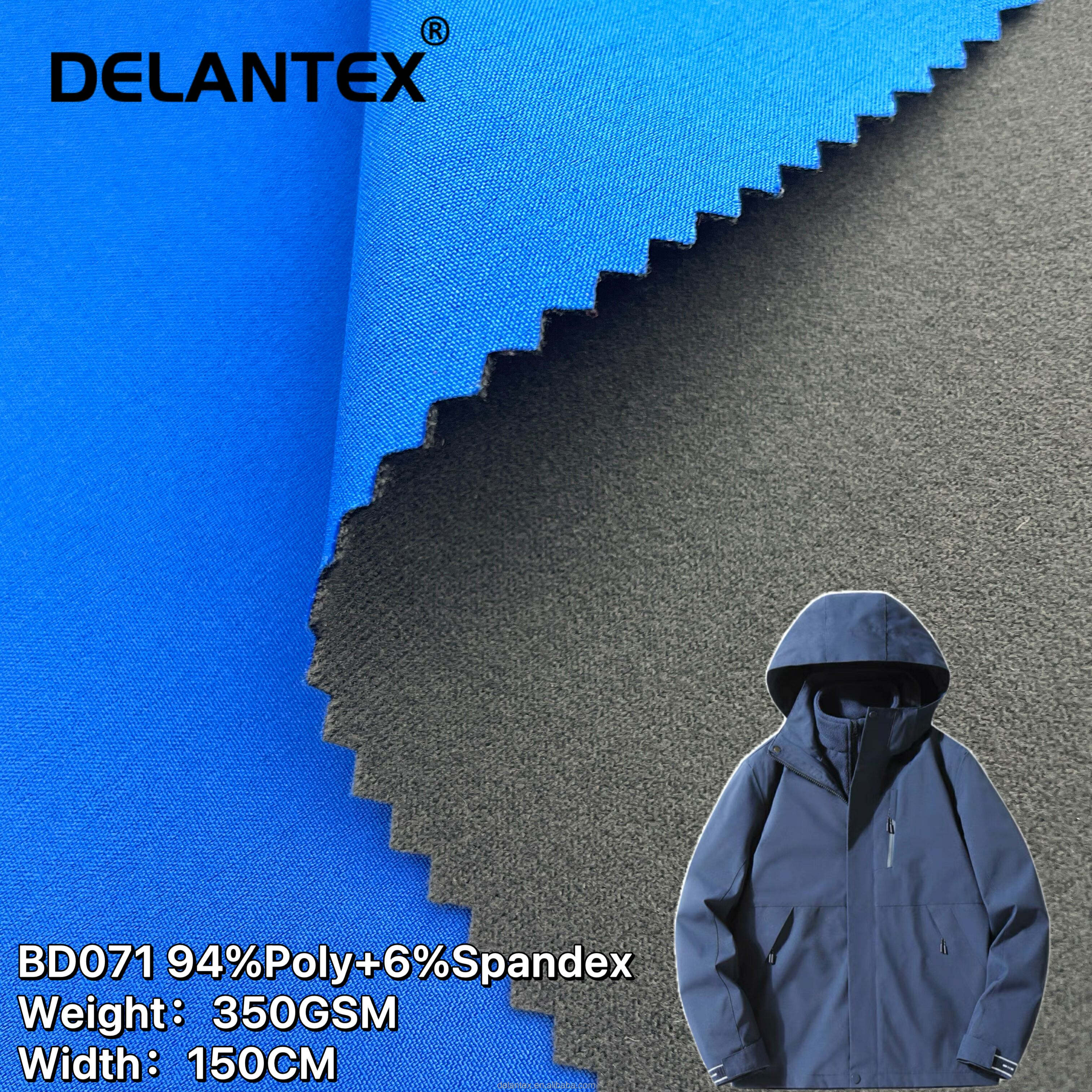 Delantex 2-Layer Water Repellent 4-Way Stretch 100% Polyester Soft Shell Fleece Fabric 350gsm Solid Color
