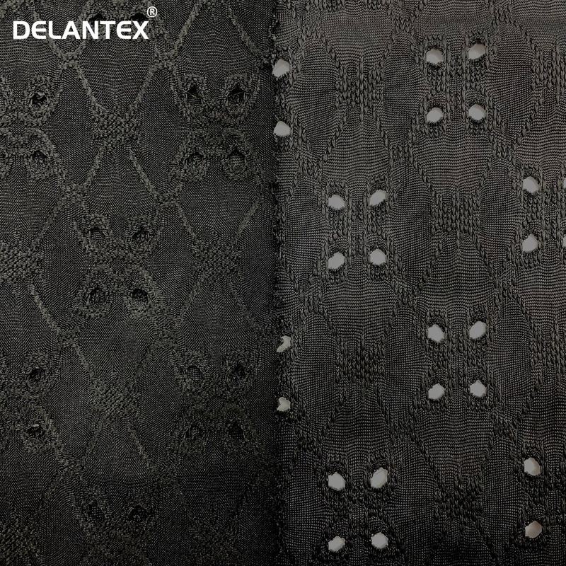 Delantex Fashion Polyester Jacquard Stretch Knit Garment Plain Dyed Hole Jacquard Dress Fabric Free Sample