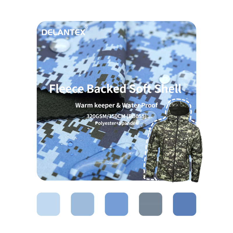 Delantex Wholesale Polyester TPU Bonded Waterproof Breathable SoftShell 4 Way Stretch Camo Print 3 Layer Softshell Jacket Fabric