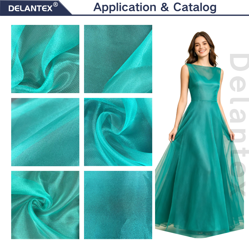 Delantex Custom Wholesale 26gsm 100% Polyester Shiny Organza Fabric For Dress custom fabric manufacturer