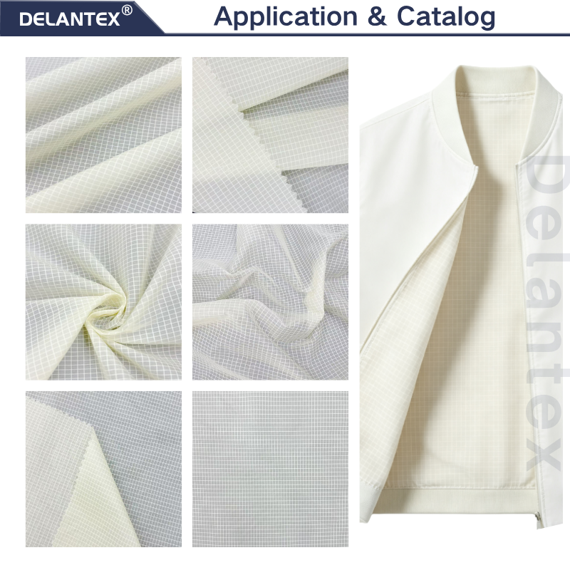 Delantex 100% Nylon 28GSM ultra Light Weight Small Grid 15D*40D Semi‑Dull Nylon Ripstop Fabric For Skin Coat Down Jacket Lining
