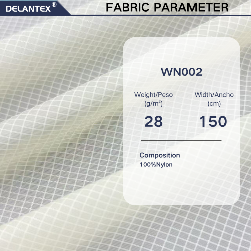 Delantex 100% Nylon 28GSM ultra Light Weight Small Grid 15D*40D Semi‑Dull Nylon Ripstop Fabric For Skin Coat Down Jacket Lining